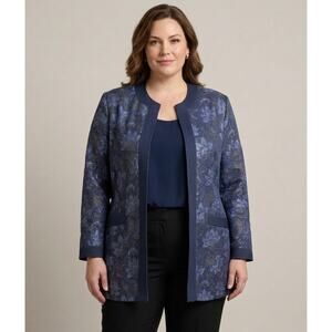 VTG THAI SILK Jacket 18 XL Plus Size Blue Floral Brocade Quilted Trim Open Front